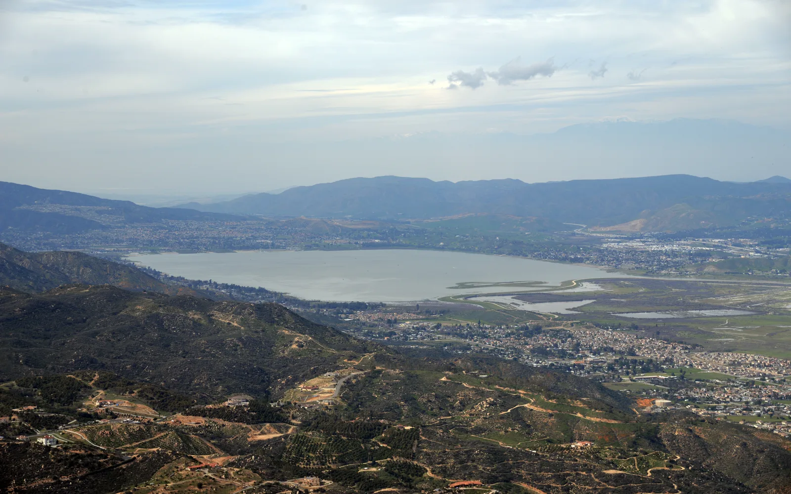 Aerial photograph of Lake Elsinore and surrounding landscape